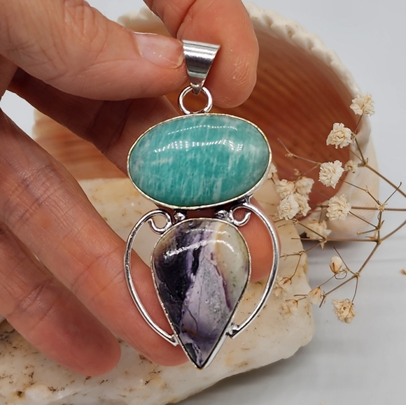 Natural Amazonite and Charoite Stones Silver 925 Pendant - Picture 3 of 5